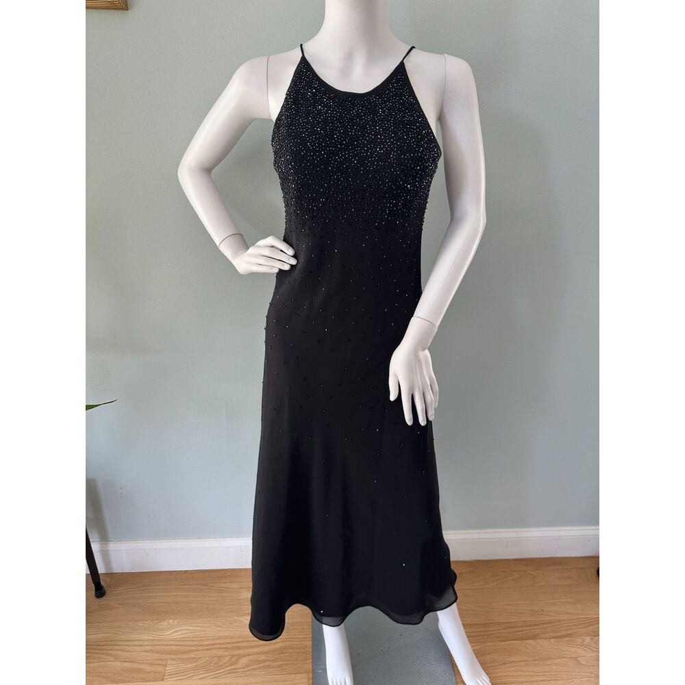 Vintage Y2K Black Beaded Maxi Dress size 8P Halter Neck Sequin Evening Gown 90s